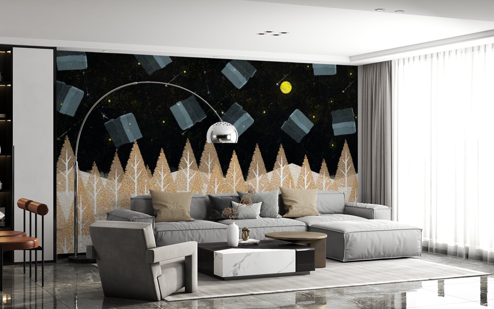 Carta da parati foresta metafisica nel buio e stelle splendenti