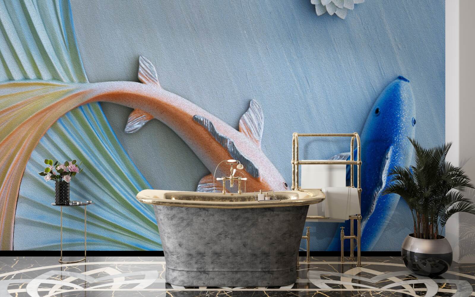Carta da parati pesci blu e oro nuotano nell'acqua