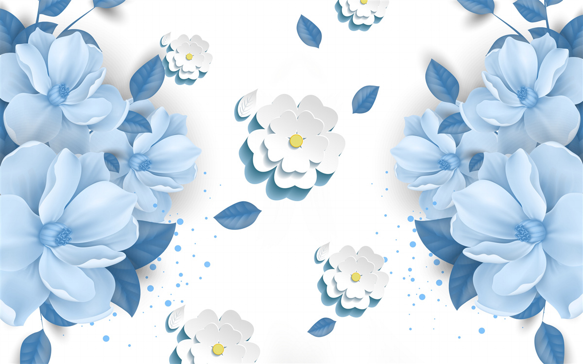 Carta da parati morbidi fiori blu su sfondo bianco come la neve