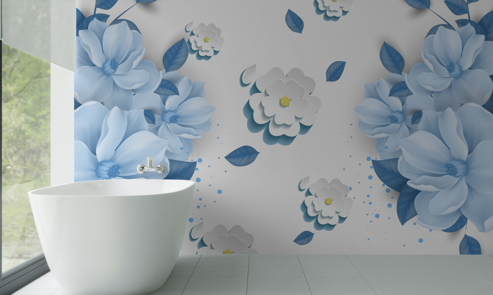 Carta da parati morbidi fiori blu su sfondo bianco come la neve