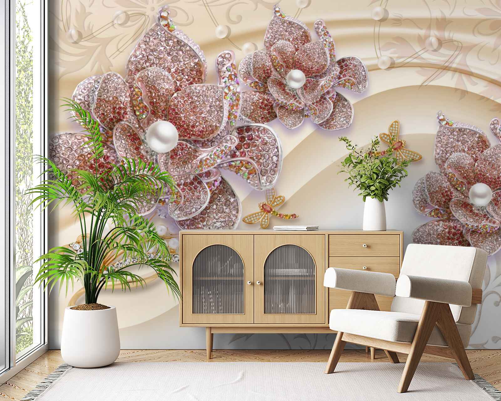 Carta da parati composizione di fiori e farfalle di perle