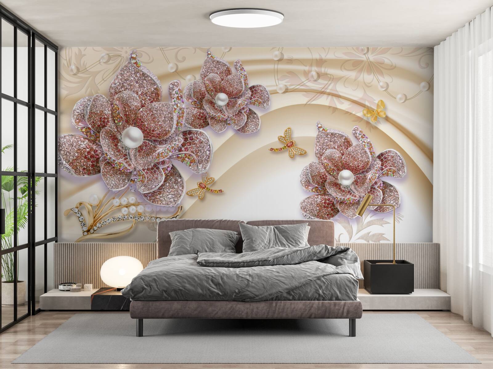 Carta da parati composizione di fiori e farfalle di perle