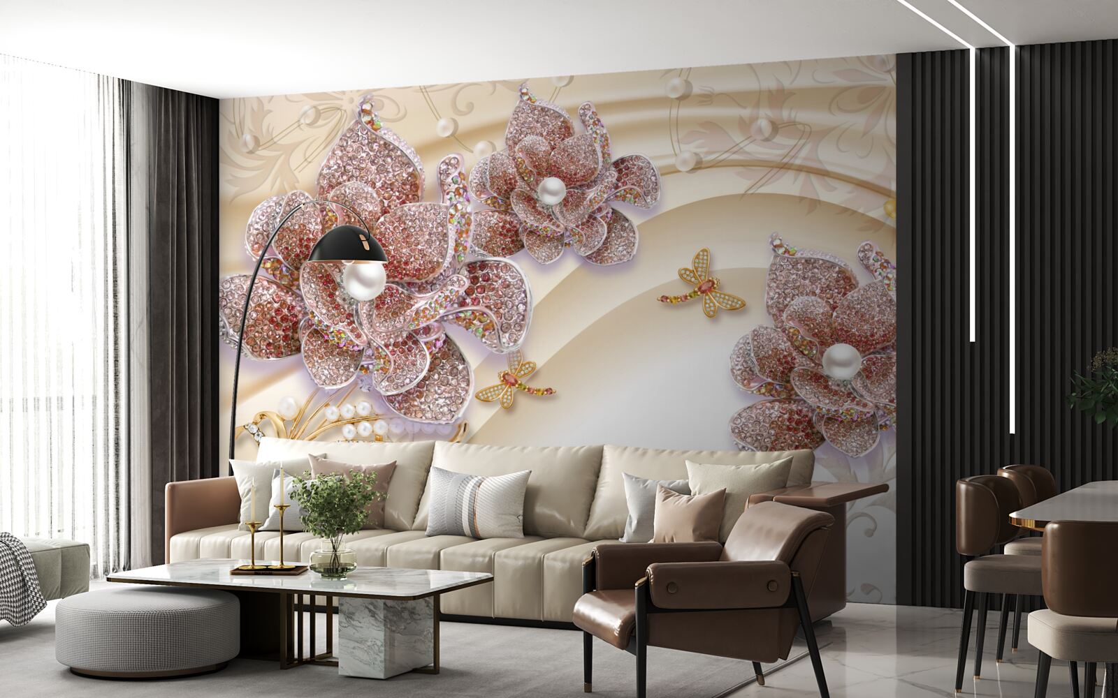Carta da parati composizione di fiori e farfalle di perle