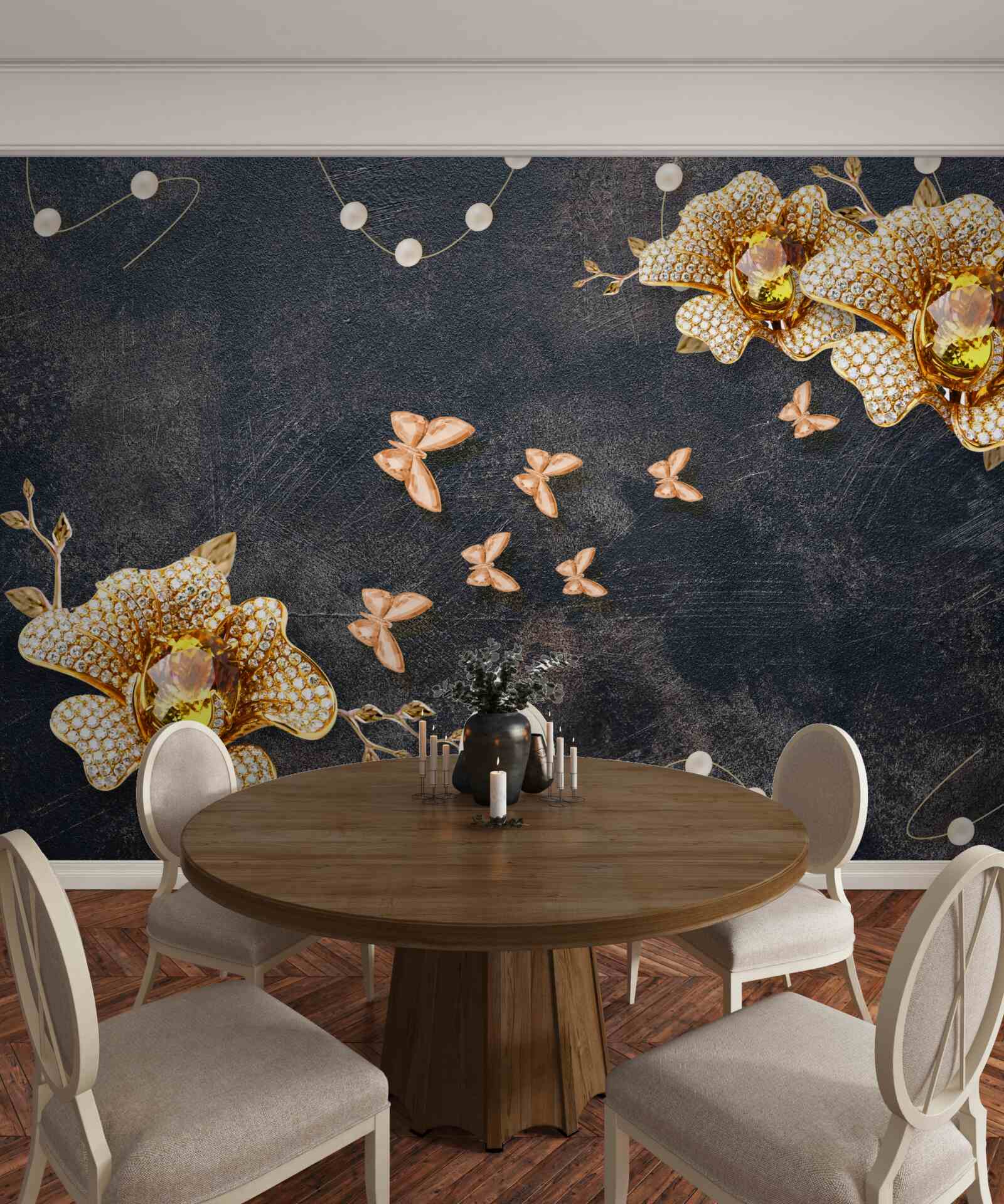 Carta da parati la sera le farfalle decorano i fiori dorati
