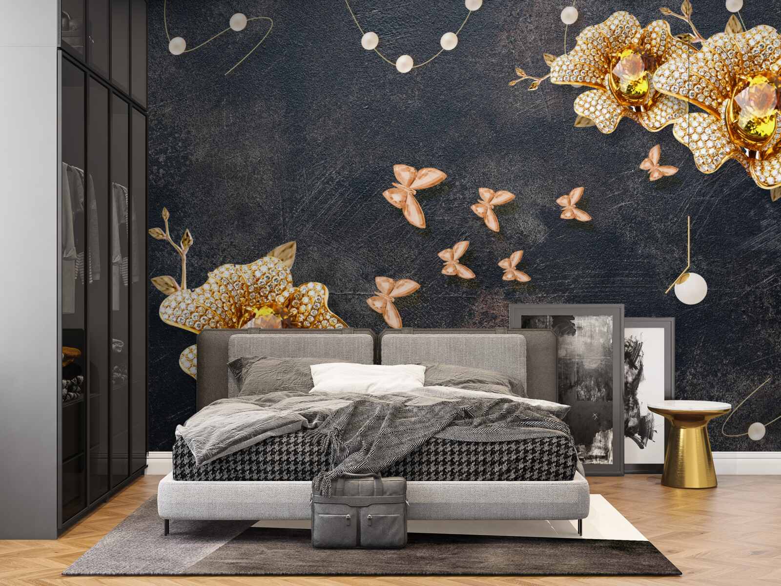Carta da parati la sera le farfalle decorano i fiori dorati