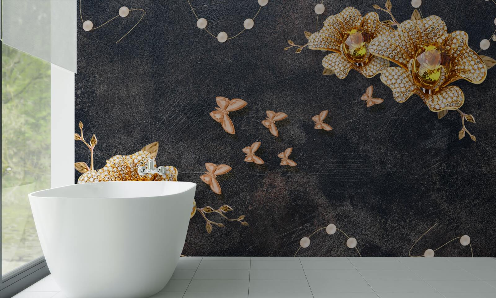 Carta da parati la sera le farfalle decorano i fiori dorati