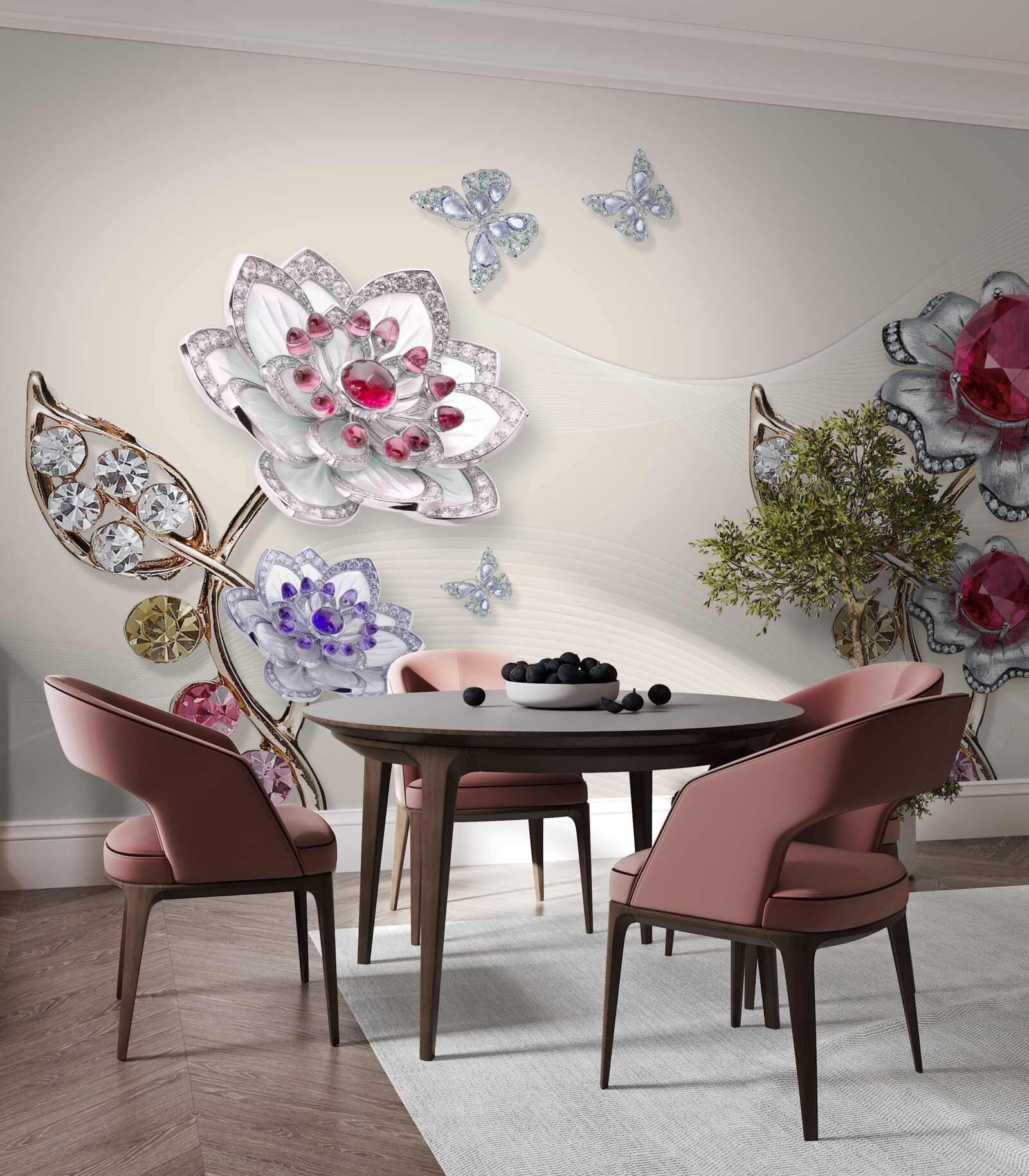 Carta da parati fiori d'oro decorati con pietre preziose incantano con la loro bellezza