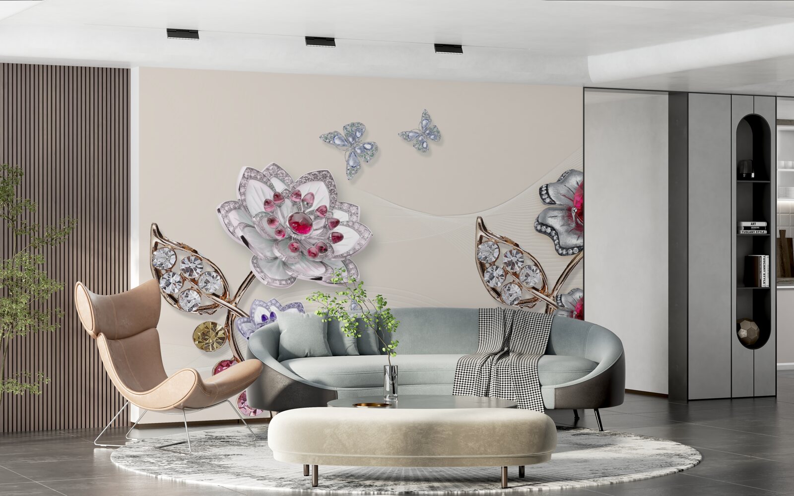 Carta da parati fiori d'oro decorati con pietre preziose incantano con la loro bellezza