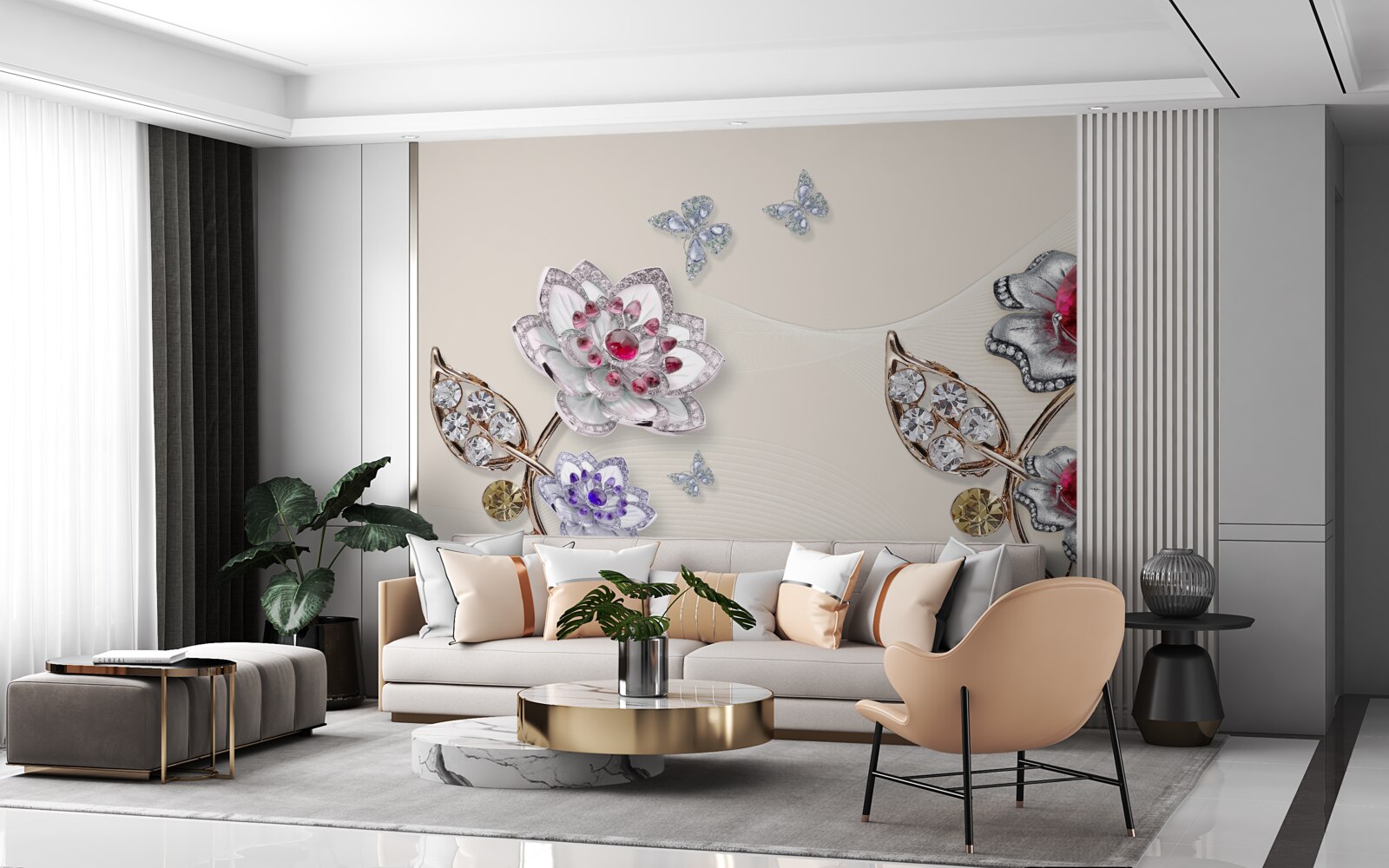 Carta da parati fiori d'oro decorati con pietre preziose incantano con la loro bellezza