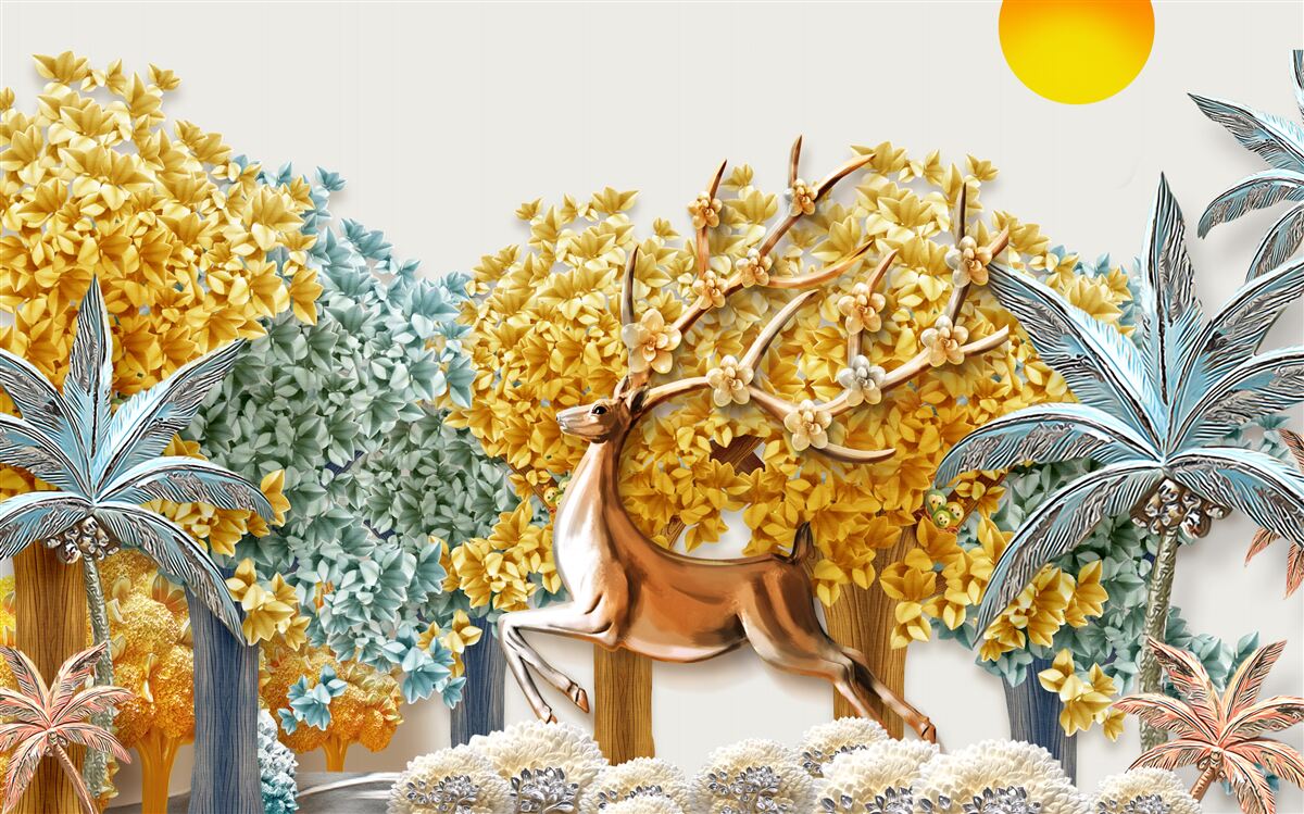 Carta da parati cervi che saltano in una foresta tropicale
