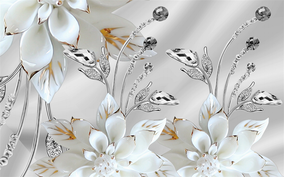 Carta da parati fiori bianchi e oro decorati su tessuto di seta