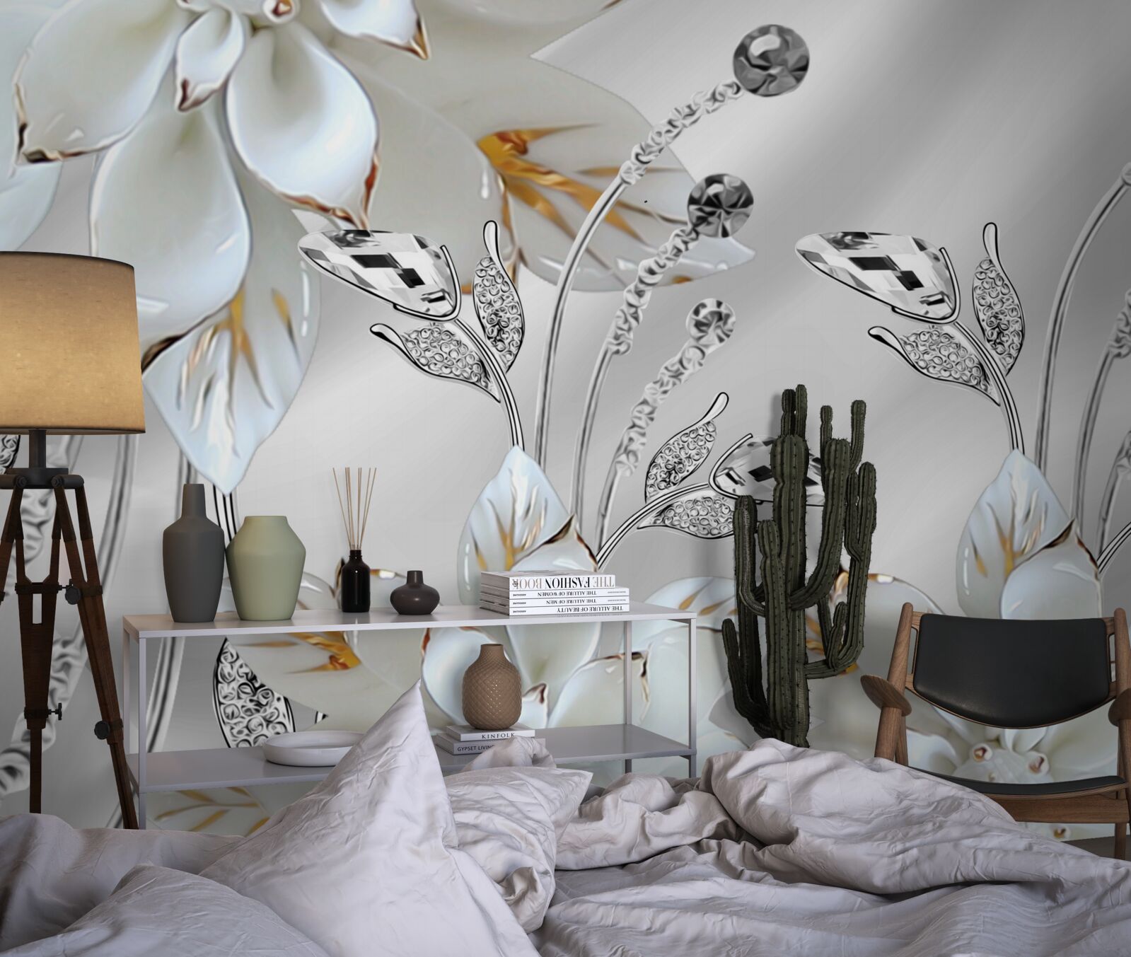 Carta da parati fiori bianchi e oro decorati su tessuto di seta