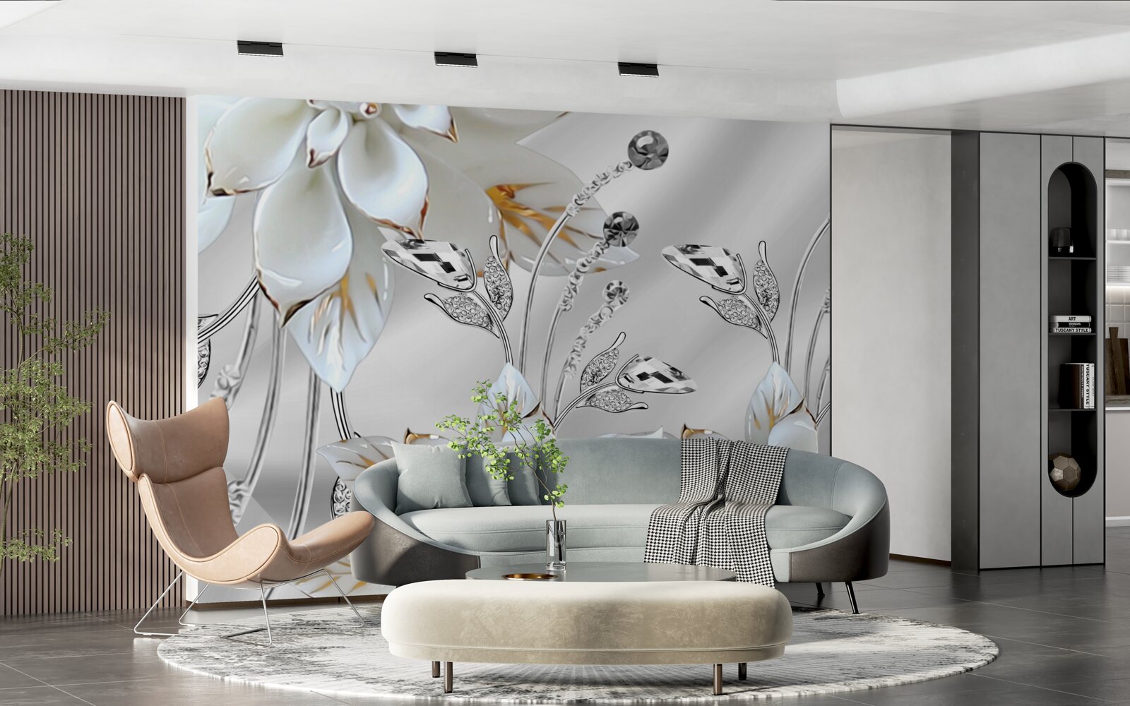 Carta da parati fiori bianchi e oro decorati su tessuto di seta