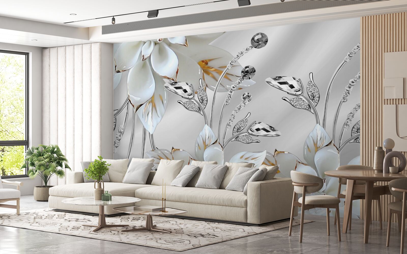 Carta da parati fiori bianchi e oro decorati su tessuto di seta