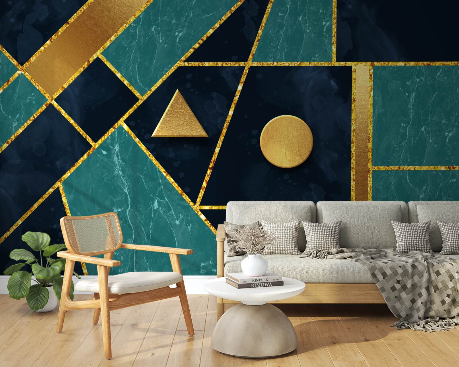 Carta da parati mosaico nei toni dell'oro e dello smeraldo
