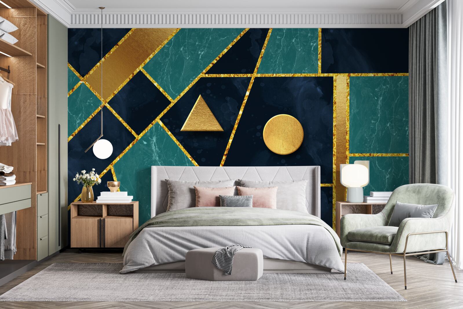 Carta da parati mosaico nei toni dell'oro e dello smeraldo