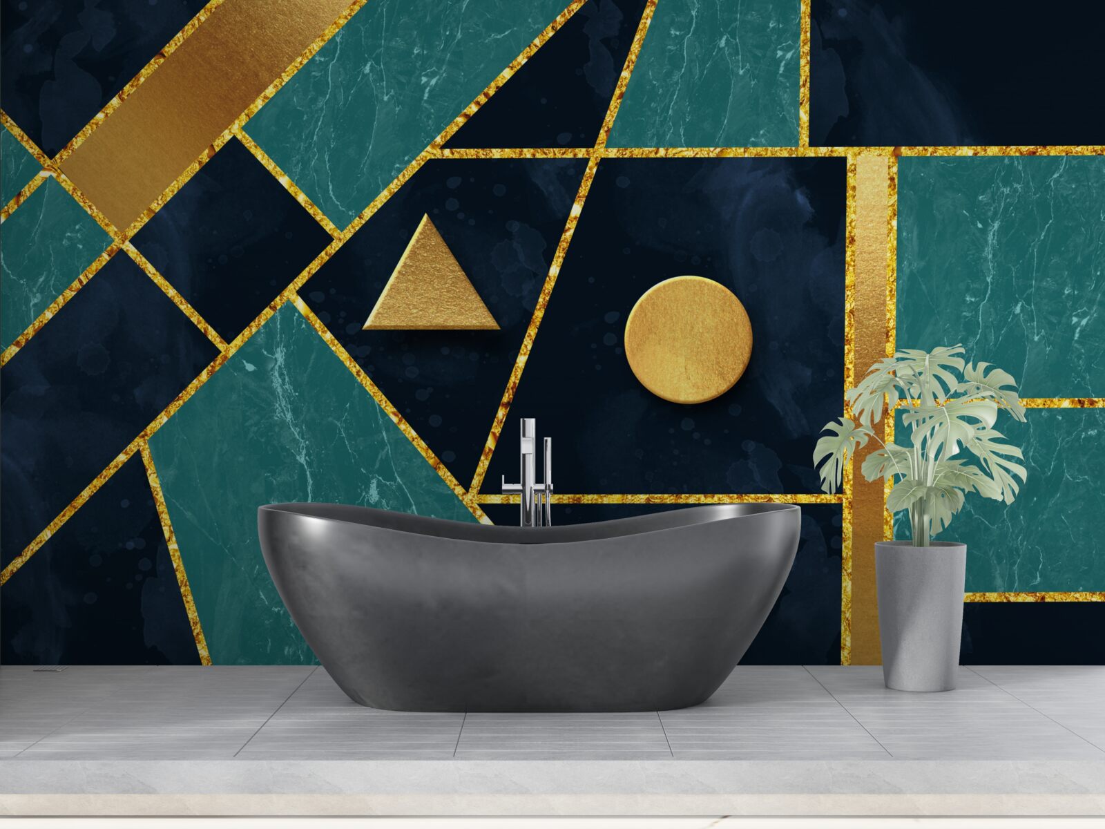 Carta da parati mosaico nei toni dell'oro e dello smeraldo