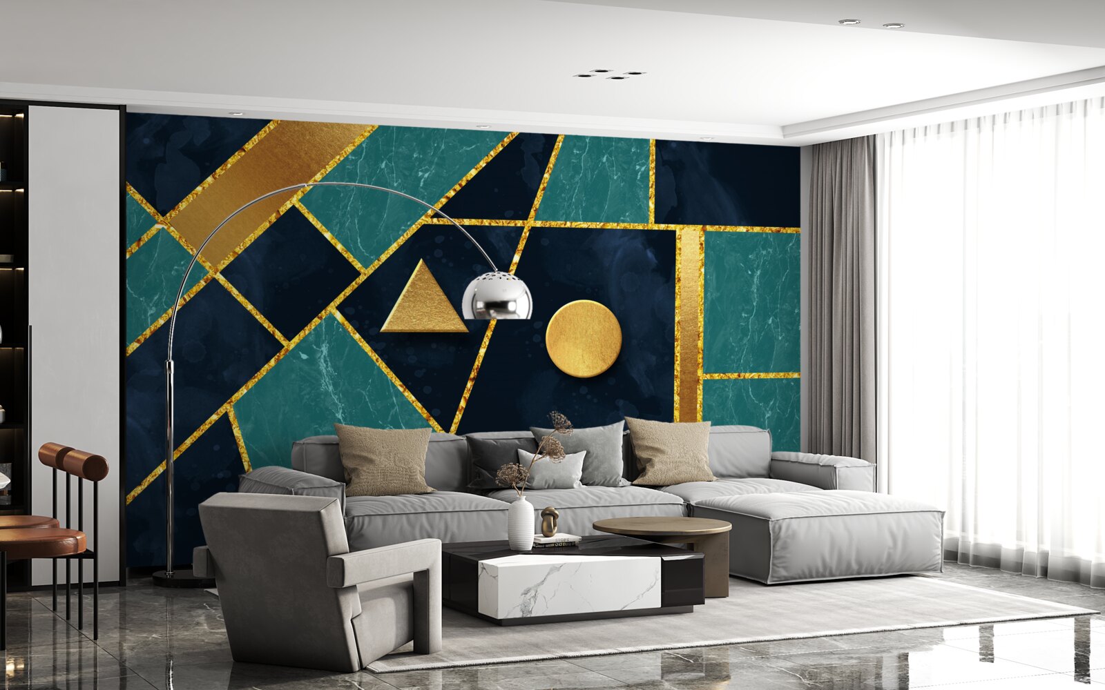 Carta da parati mosaico nei toni dell'oro e dello smeraldo