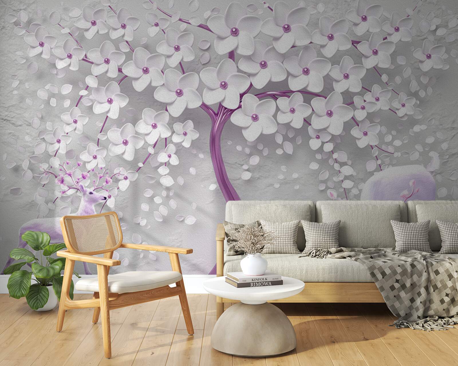 Carta da parati albero con fiori bianchi come la neve e cervi