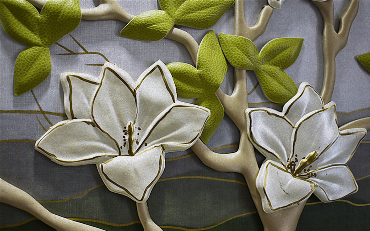 Carta da parati magnolia con fiori di porcellana su rami verdi
