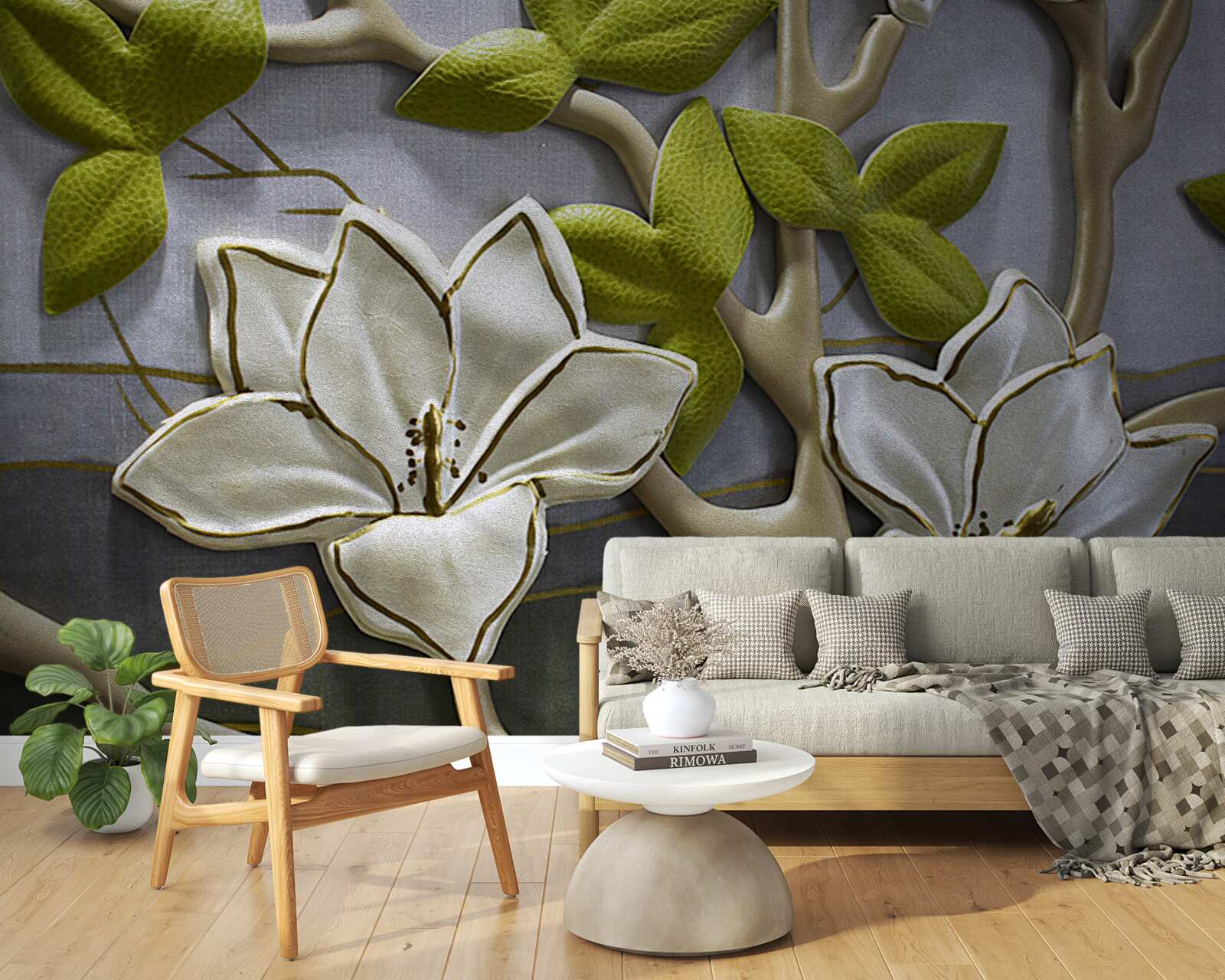 Carta da parati magnolia con fiori di porcellana su rami verdi