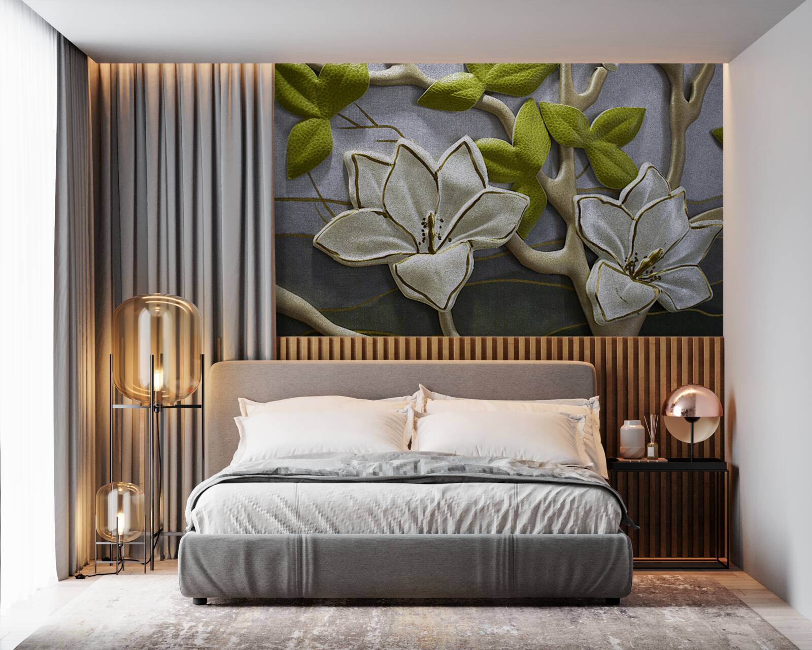 Carta da parati magnolia con fiori di porcellana su rami verdi