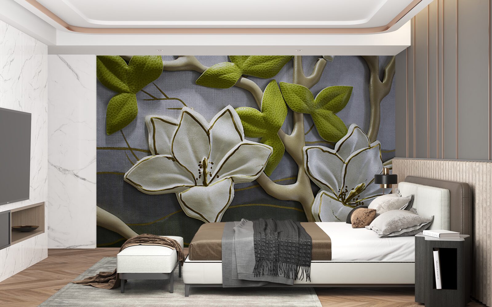 Carta da parati magnolia con fiori di porcellana su rami verdi