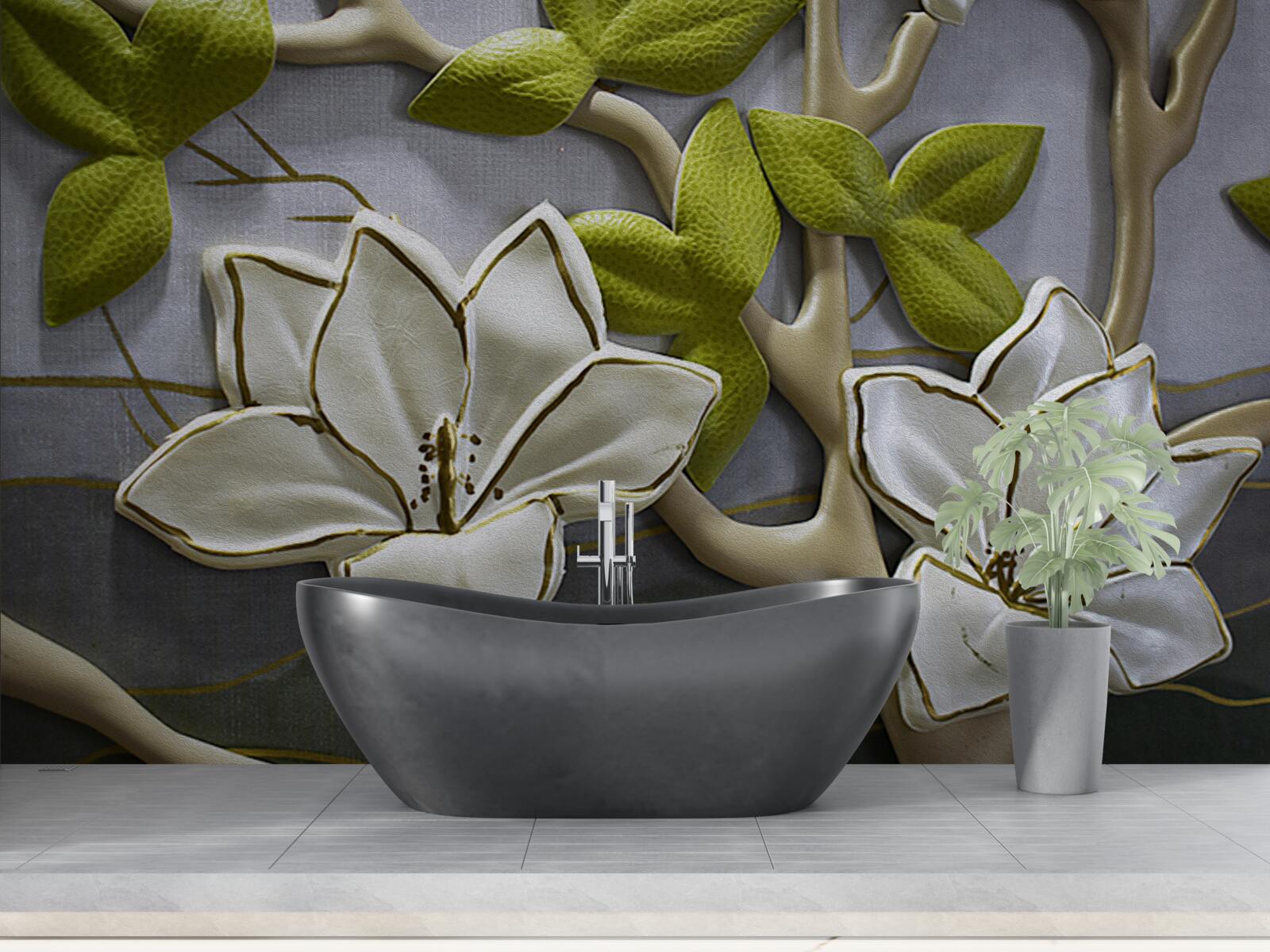 Carta da parati magnolia con fiori di porcellana su rami verdi