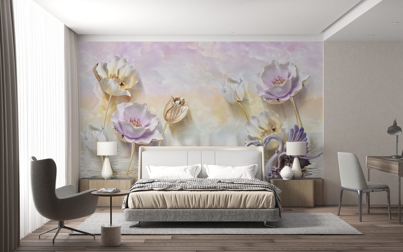 Carta da parati riflessi di fiori delicati nell'acqua