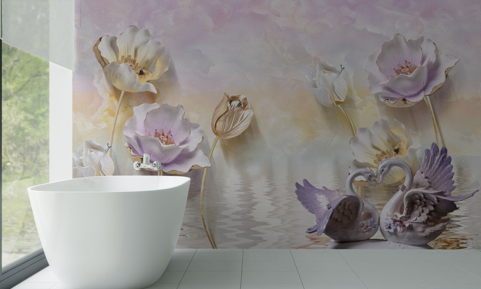 Carta da parati riflessi di fiori delicati nell'acqua