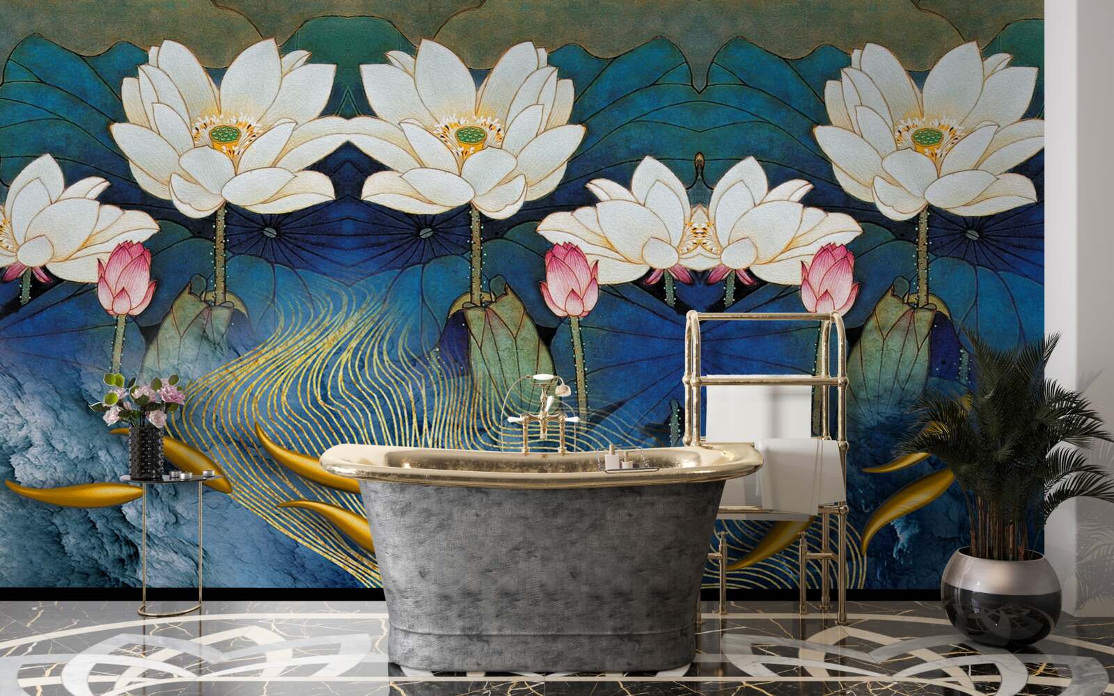 Carta da parati acqua blu decorata con loti bianchi