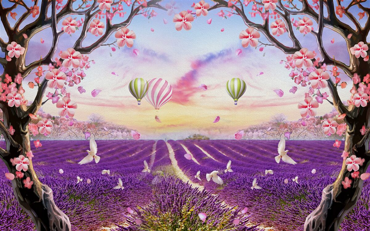 Carta da parati palloncini che si librano su campi di lavanda