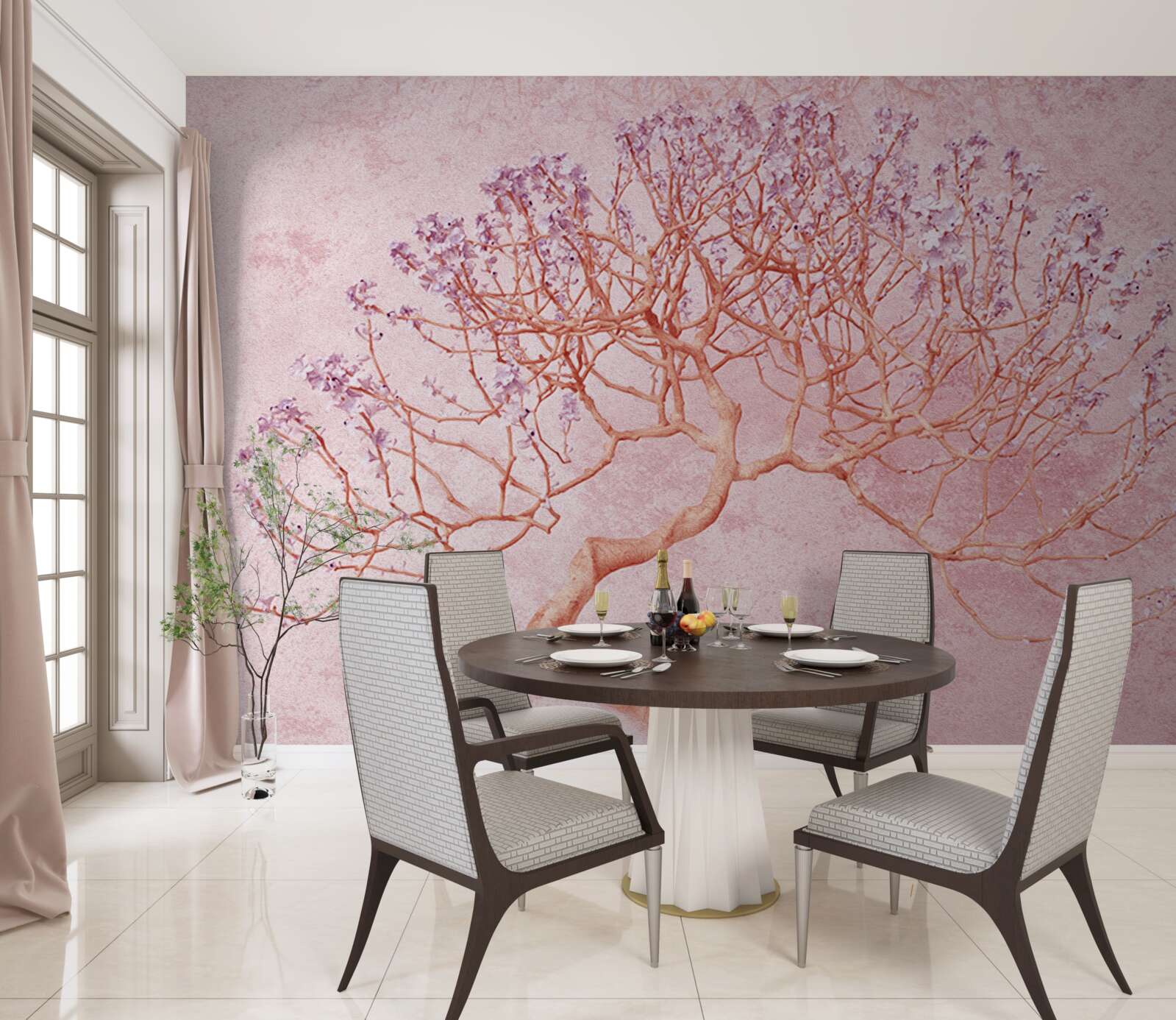 Carta da parati albero fiorito con delicati fiori rosa