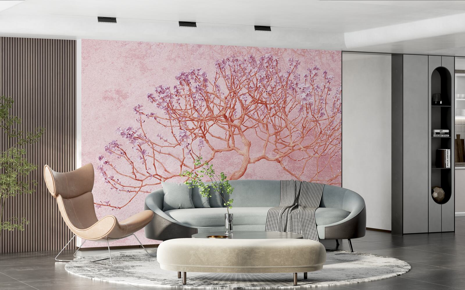 Carta da parati albero fiorito con delicati fiori rosa