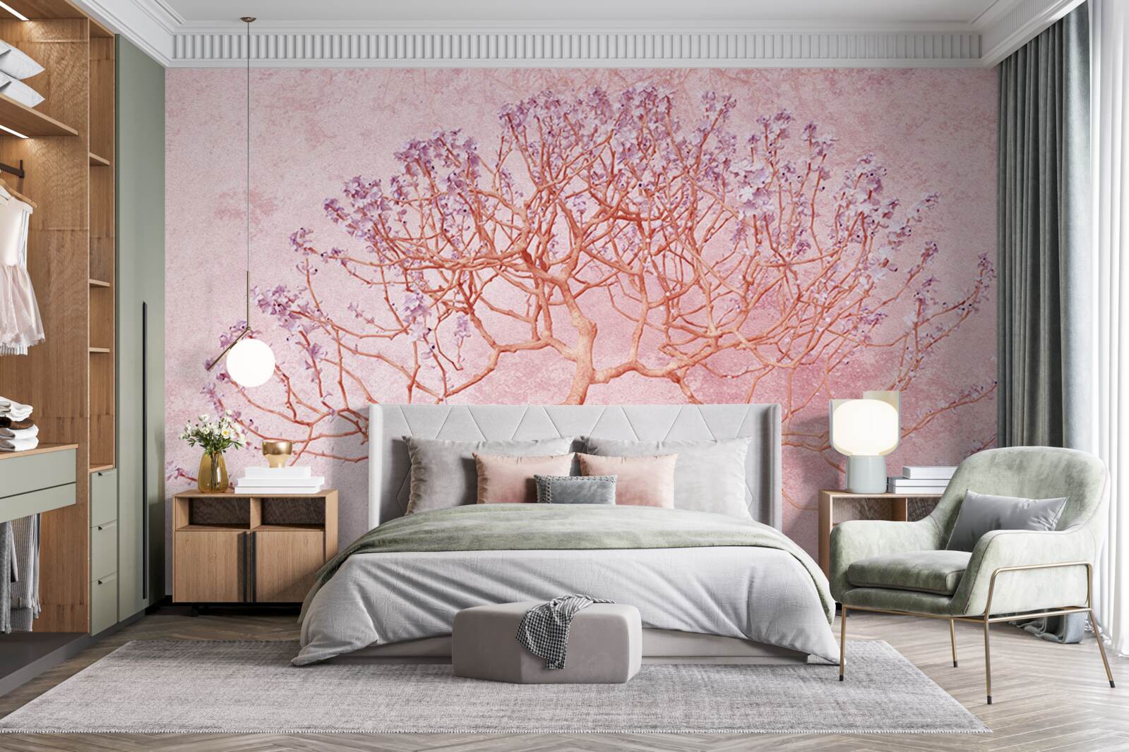 Carta da parati albero fiorito con delicati fiori rosa