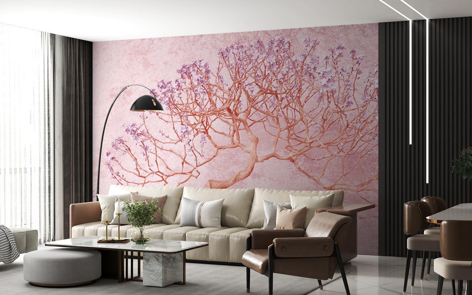 Carta da parati albero fiorito con delicati fiori rosa