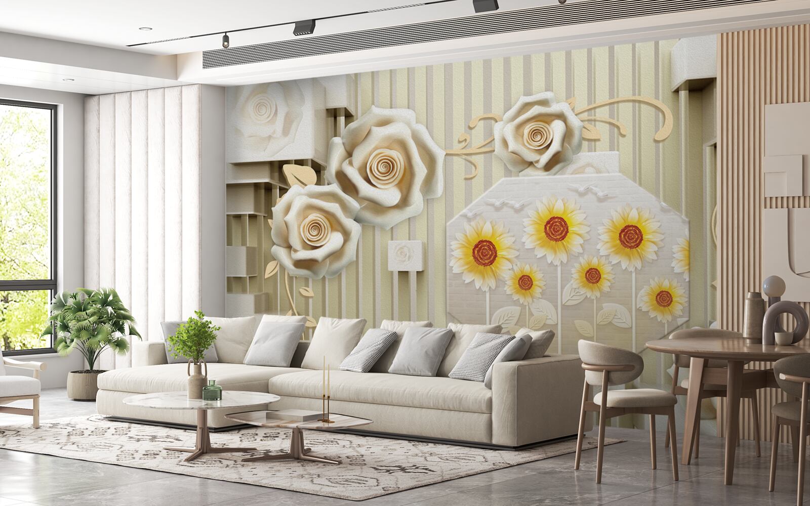 Carta da parati rosa d'oro pallido e girasoli