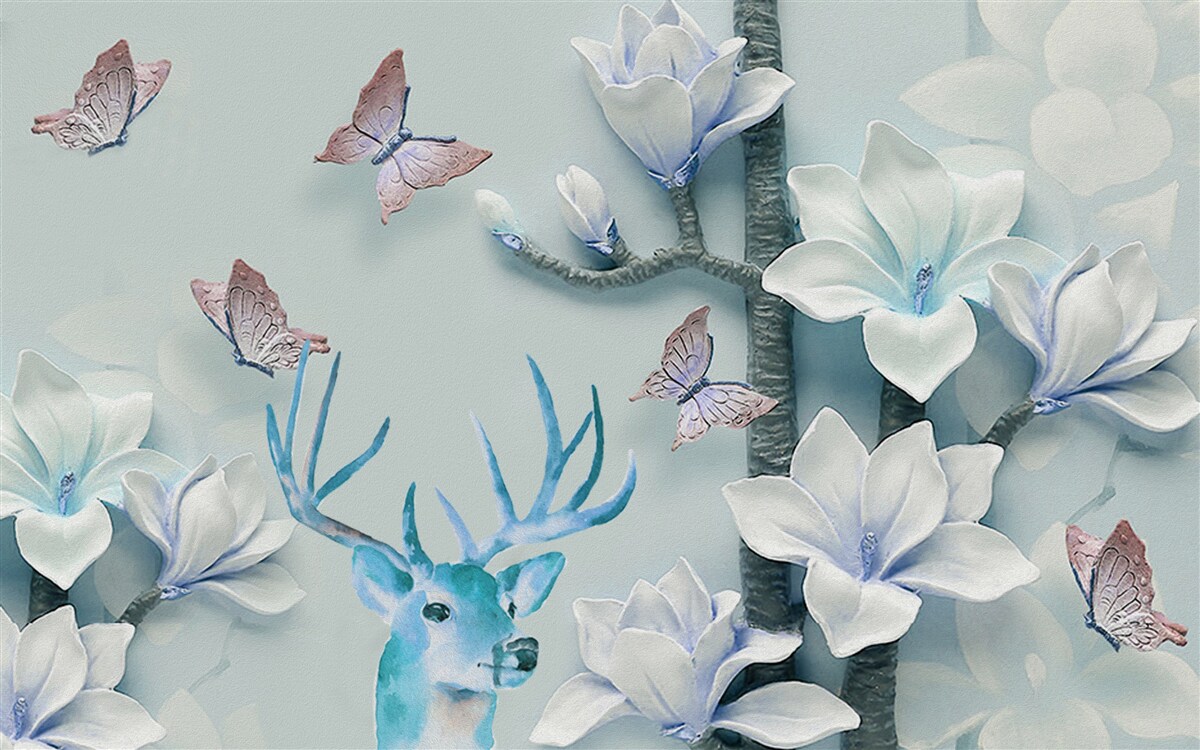 Carta da parati cervi, magnolia bianca e farfalle
