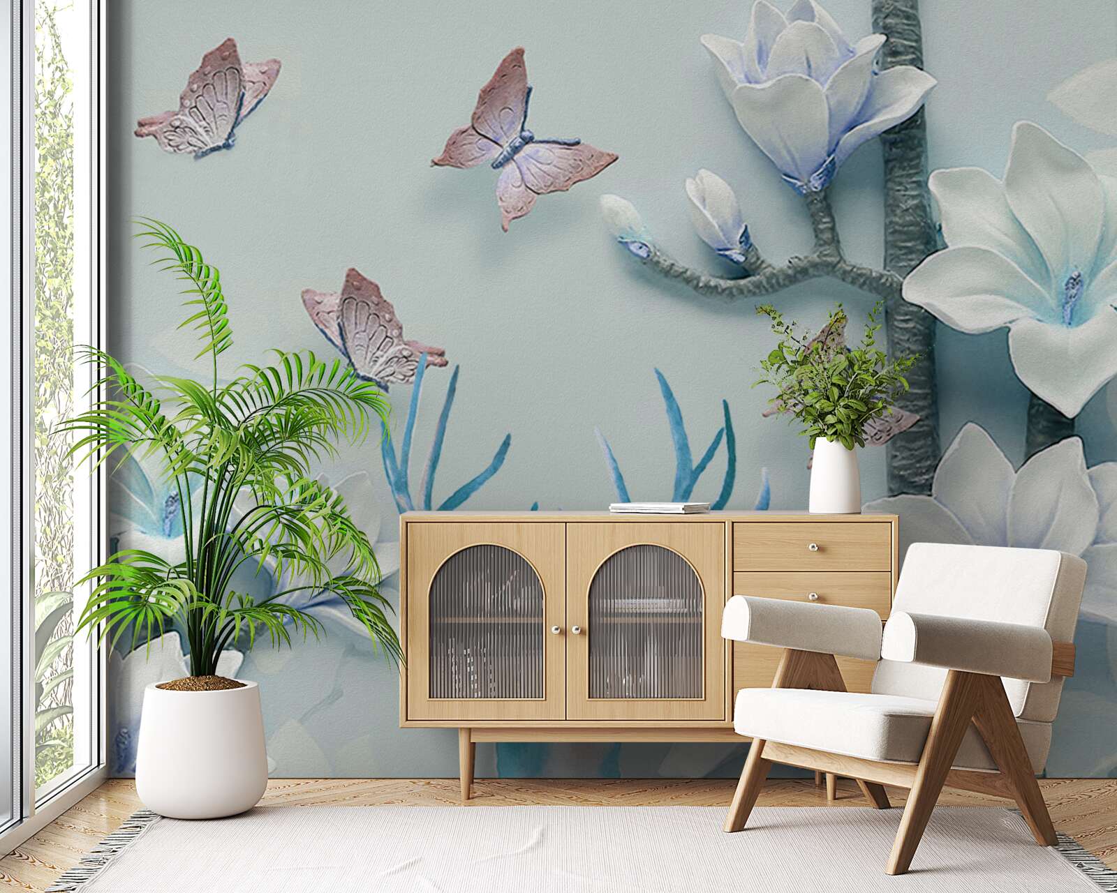 Carta da parati cervi, magnolia bianca e farfalle