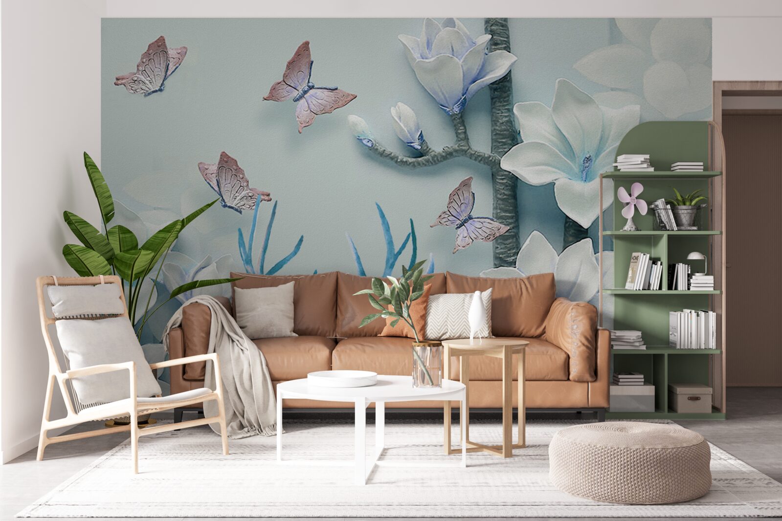 Carta da parati cervi, magnolia bianca e farfalle