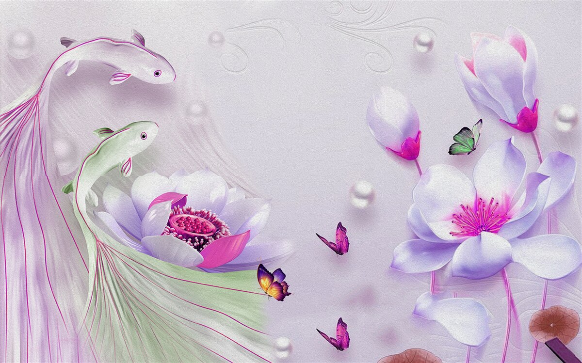 Carta da parati Magnolia bianca e pesciolini