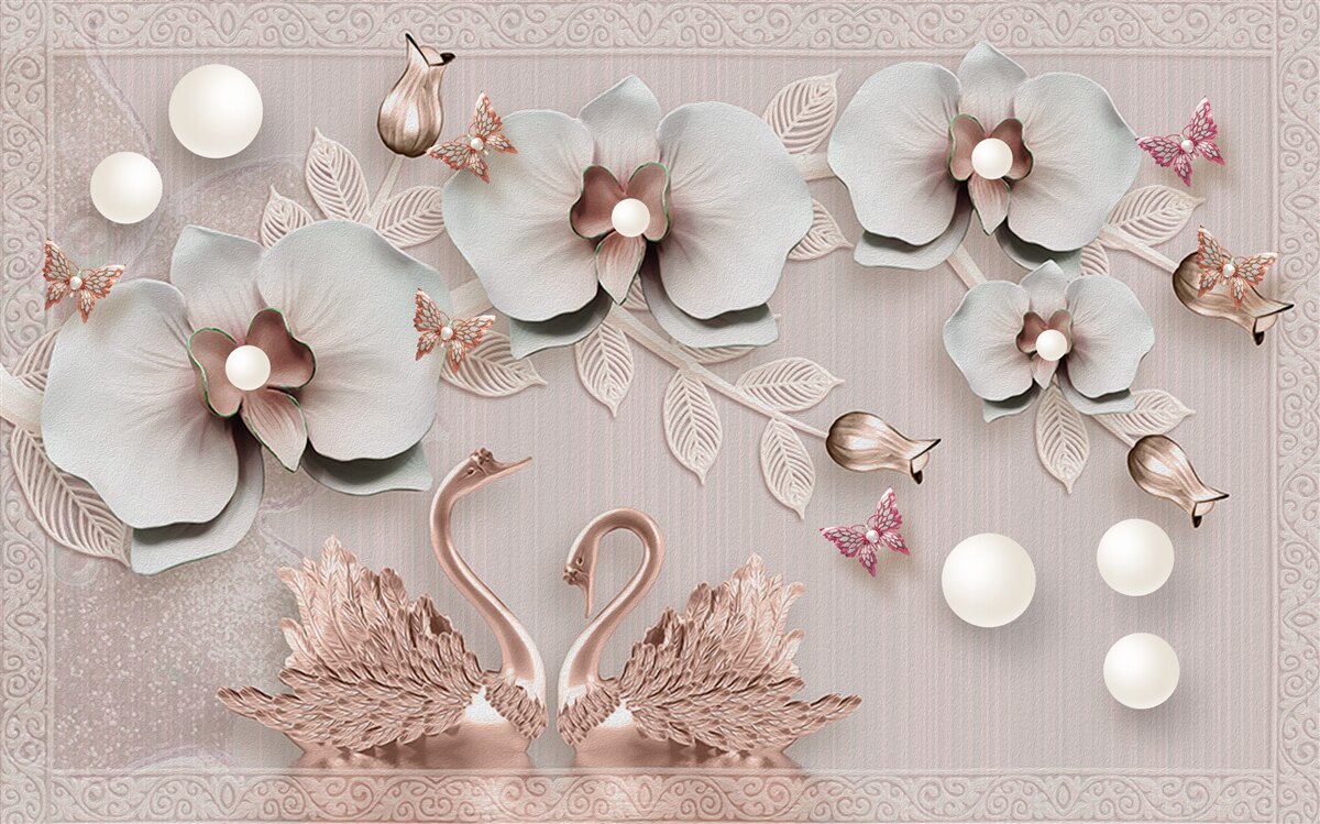 Carta da parati cigni decorati in oro nuotano tra i fiori d'acqua