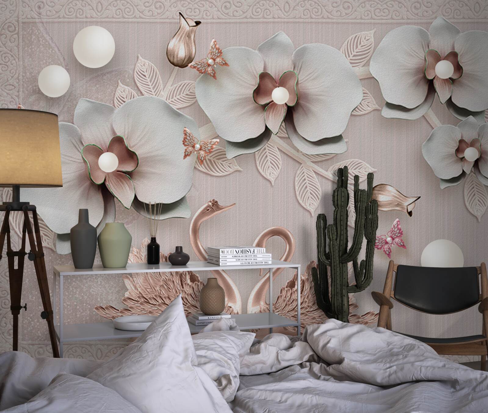 Carta da parati cigni decorati in oro nuotano tra i fiori d'acqua