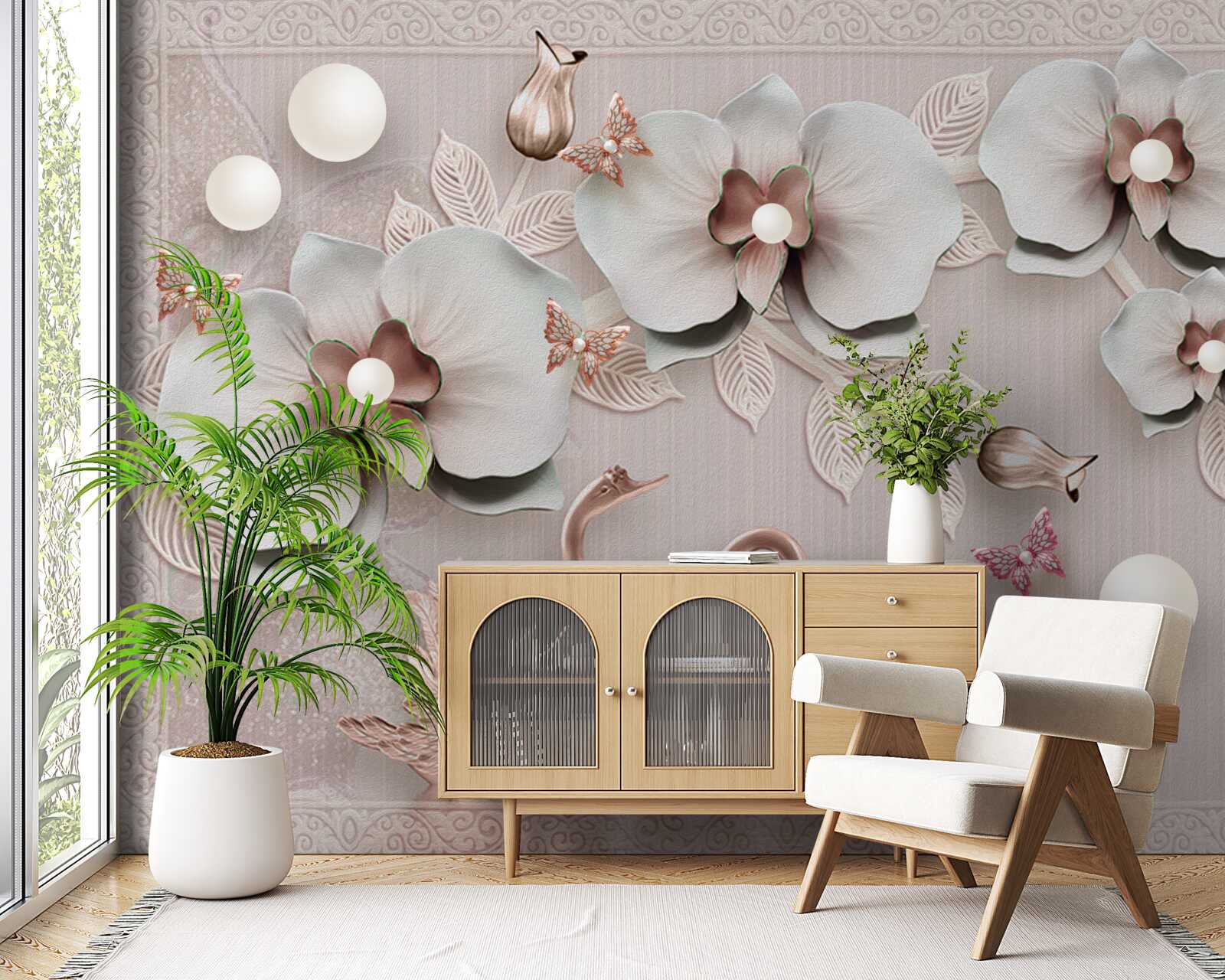 Carta da parati cigni decorati in oro nuotano tra i fiori d'acqua