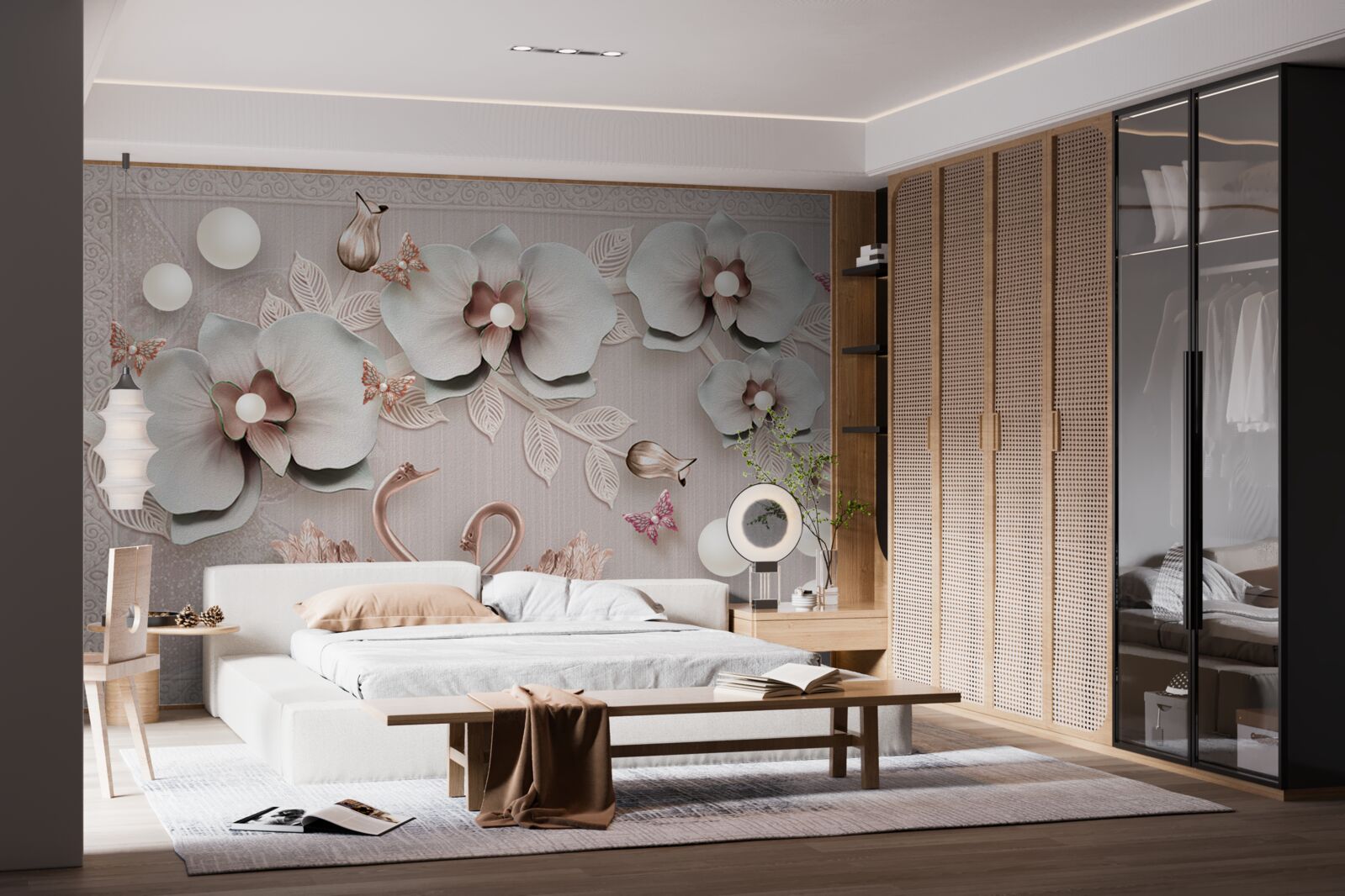 Carta da parati cigni decorati in oro nuotano tra i fiori d'acqua