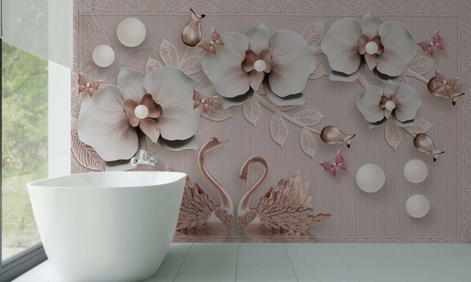 Carta da parati cigni decorati in oro nuotano tra i fiori d'acqua