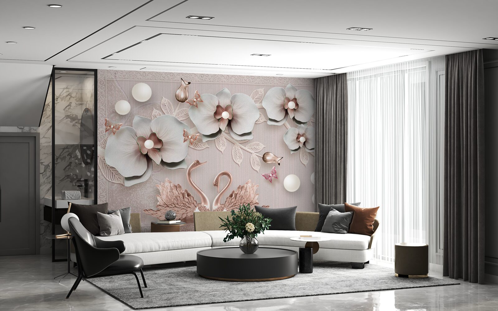 Carta da parati cigni decorati in oro nuotano tra i fiori d'acqua