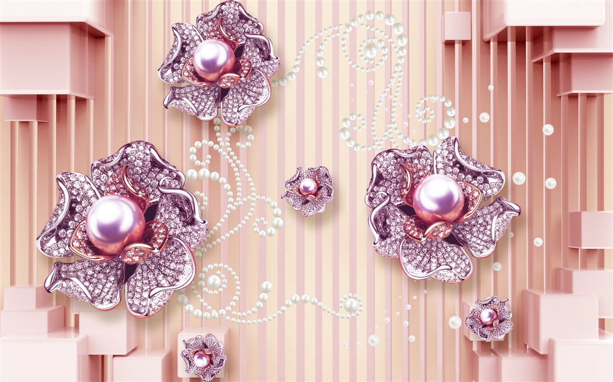Carta da parati Fiori di diamanti e perle su sfondo rosa