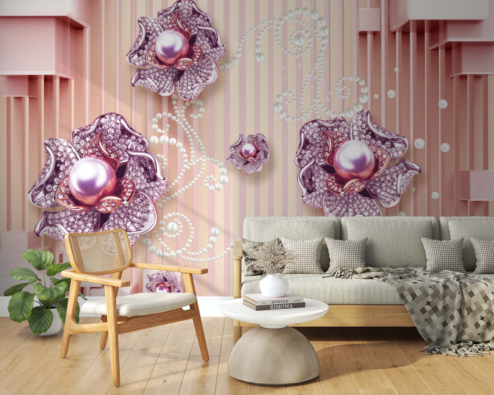 Carta da parati Fiori di diamanti e perle su sfondo rosa