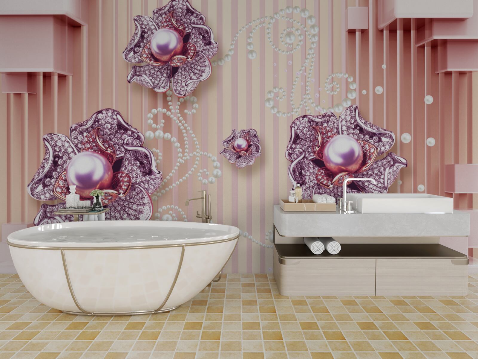 Carta da parati Fiori di diamanti e perle su sfondo rosa